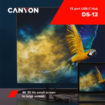 CANYON DS-12, 13 in 1 USB C hub, with 2*HDMI, 3*USB3.0: support max. 5Gbps, 1*USB2.0: support max. 480Mbps, 1*PD: support max 100W PD, 1*VGA,1* Type C data, 1*Glgabit Ethernet, 1*3.5mm audio jack, cable 15cm, Aluminum alloy housing,130*57.5*15 mm,DarK gra - Metoo (3)