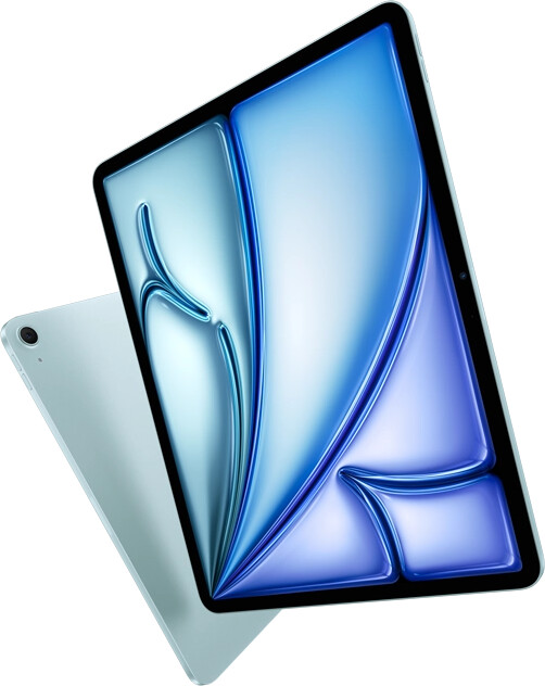 Front angle of 13-inch iPad Air, colorful display on screen, 11-inch iPad Air with back exterior and 12MP Wide back camera