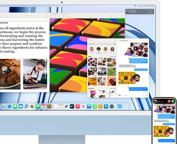 iMac next to an iPhone, showing Continuity feature by sharing a text conversation and photos between iPhone and iMac.