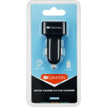 CANYON Universal 3xUSB car adapter(1 USB with Quick Charger QC3.0), Input 12-24V, Output USB/<wbr>5V-2.1A+QC3.0/<wbr>5V-2.4A&9V-2A&12V-1.5A, with Smart IC, black rubber coating+black metal ring+QC3.0 port with blue/<wbr>other ports in orange, 66*35.2*25.1mm, 0.0 - Metoo (3)