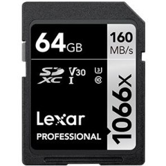 64GB Lexar Professional 1066x SDXC UHS-I cards, up to 160MB/<wbr>s read 70MB/<wbr>s write C10 V30 U3