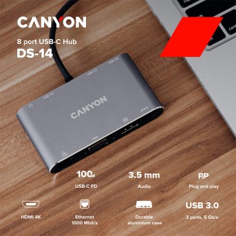 CANYON DS-14, 8 in 1 USB C hub, with 1*HDMI: 4K*30Hz, 1*VGA, 1*Type-C PD charging port, Max 100W PD input. 3*USB3.0,transfer speed up to 5Gbps. 1*Glgabit Ethernet, 1*3.5mm audio jack, cable 15cm, Aluminum alloy housing,95*55*17.6 mm, 107g, Dark grey - Metoo (3)