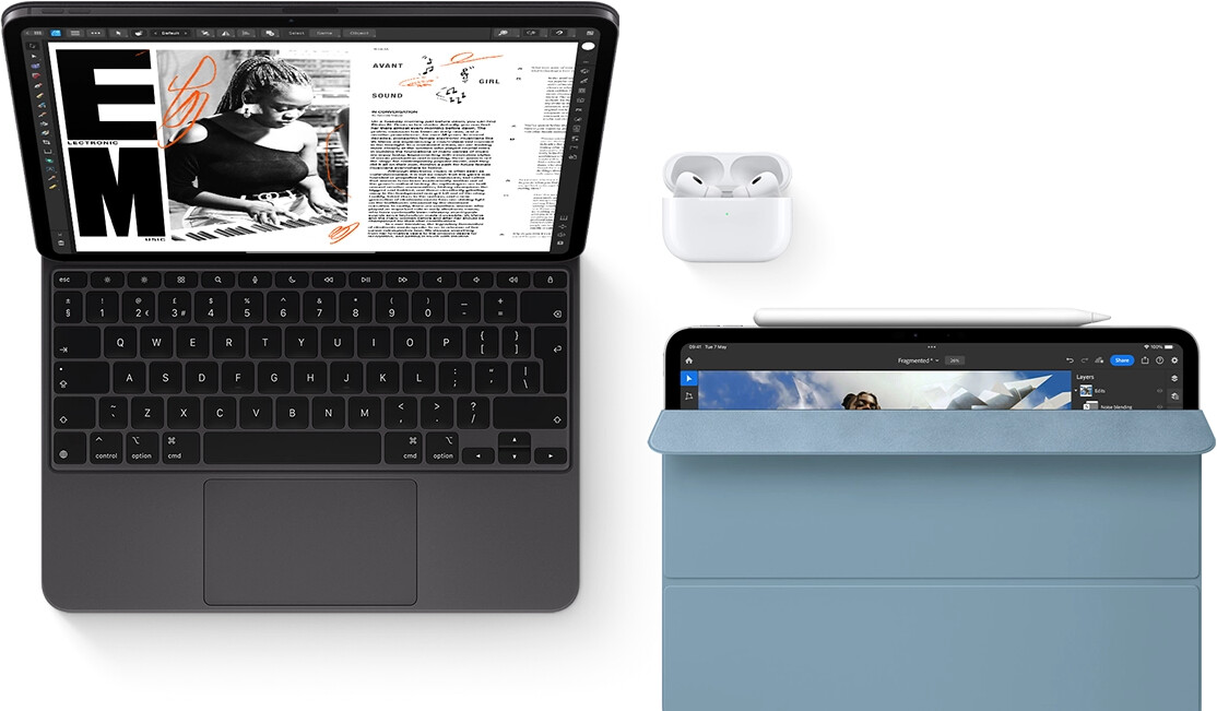 iPad Pro with Magic Keyboard, Airpods Pro. Another iPad with Apple Pencil and Smart Folio