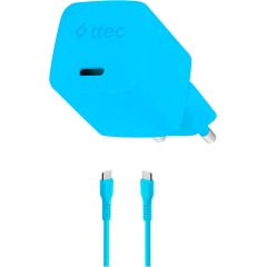 ttec SmartCharger GAN 20W PD Travel Fast Charger + USB-C - USB-C 3A Cable 120cm, Neon Blue