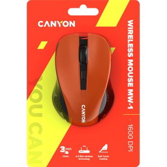 CNE-CMSW1O CANYON мышь, цвет - оранжевый, беспроводная 2.4 Гц, DPI 800/<wbr>1000/<wbr>1200 DPI, 3 кнопки и колесо прокрутки, прорезиненное покрытие - Metoo (6)