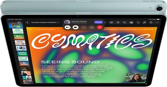 iPad Air, Blue color, top exterior, screen showing Keynote app on screen sharing feature during FaceTime video call, back exterior, 12MP Wide back camera, volume-up button, volume-down button