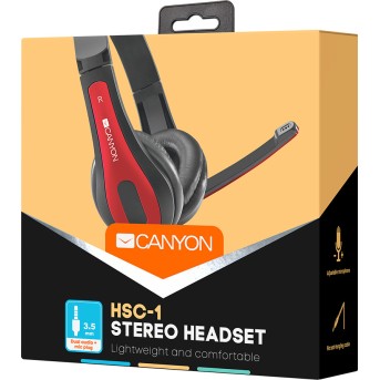 CANYON HSC-1 basic PC headset with microphone, combined 3.5mm plug, leather pads, Flat cable length 2.0m, 160*60*160mm, 0.13kg, Black-red - Metoo (6)