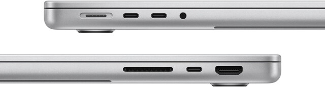 Side view of 14-inch MacBook Pro with M3 Pro chip showing ports: left side, MagSafe port, two Thunderbolt 4 ports and headphone jack; right side, SDXC card slot, one Thunderbolt 4 port and HDMI port