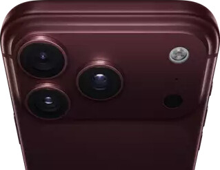 iPhone 18 Pro Max, burgundy color (dark red), back exterior, Pro Fusion camera system at top, 3 lenses, variable aperture blades partially closed, flash, microphone and LiDAR Scanner, top exterior, cellular antenna, flat sides, rounded edges