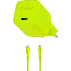 ttec SmartCharger GAN 20W PD Travel Fast Charger + USB-C - Lightning Cable 120cm, Neon Yellow