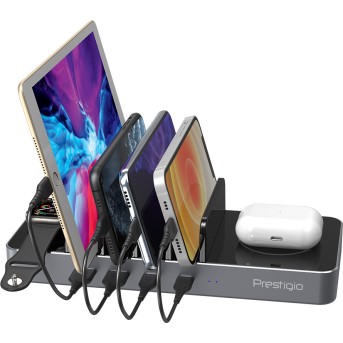 Prestigio ReVolt A6, 6-in-1 charger; 2 wireless interfaces: for all gadgets that support Qi wireless charging standard 5W/<wbr>7.5W/<wbr>10W and for Apple Watch 2.5W, 2*Type-C 18W(PD); 2*USB: 18W(QC3.0), black+space grey color. - Metoo (11)