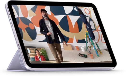 iPad mini shown in landscape view attached to Smart Folio in a viewing position. The display is showing a FaceTime call with Center Stage