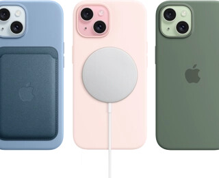 iPhone 15 showing iPhone 15 Silicon Case with MagSafe, FineWoven Wallet with Magsafe, MagSafe Charger, MagSafe Battery Pack.
