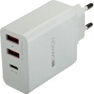 CANYON Universal 3xUSB AC charger (in wall) with over-voltage protection(1 USB-C with PD Quick Charger), Input 100V-240V, OutputUSB-A/5V-2.4A+USB-C/PD30W, with Smart IC, White Glossy Color+ orange plastic part of USB, 96.8*52.48*28.5mm, 0.092kg