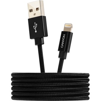 CANYON MFI-3 Charge & Sync MFI braided cable with metalic shell, USB to lightning, certified by Apple, cable length 1m, OD2.8mm, Black - Metoo (2)