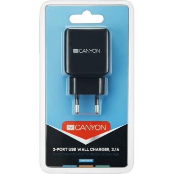 CANYON Universal 2xUSB AC charger (in wall) with over-voltage protection, Input 100V-240V, Output 5V-2.1A, with Smart IC, black rubber coating with side parts+glossy with other parts, 80*42.5*23.8mm, 0.042kg - Metoo (3)