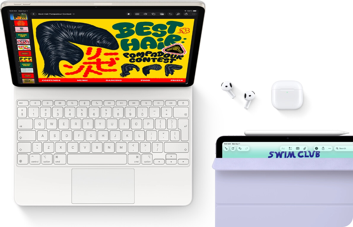 iPad Air, Starlight color, colorful graphics on screen, attached to Magic Keyboard, Airpods Pro and Apple Pencil Pro accessories
