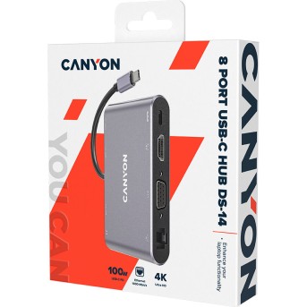 CANYON DS-14, 8 in 1 USB C hub, with 1*HDMI: 4K*30Hz, 1*VGA, 1*Type-C PD charging port, Max 100W PD input. 3*USB3.0,transfer speed up to 5Gbps. 1*Glgabit Ethernet, 1*3.5mm audio jack, cable 15cm, Aluminum alloy housing,95*55*17.6 mm, 107g, Dark grey в Metoo.kz - Metoo (2)