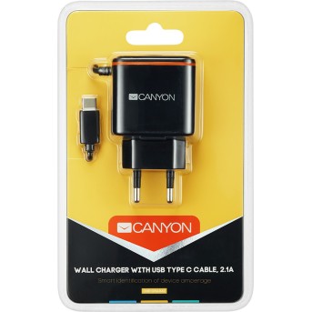 CANYON Universal 1xUSB AC charger (in wall) with over-voltage protection, plus Type C USB connector, Input 100V-240V, Output 5V-2.1A, with Smart IC, black (orange stripe)​, cable length 1m, 81*47.2*27mm, 0.059kg - Metoo (3)