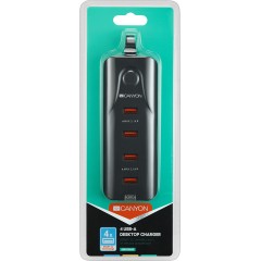 CANYON Universal 4xUSB AC charger (in wall) with over-voltage protection, Input 100V-240V, Output 5V-4.2A, with Smart IC, Black rubber coating+ orange plastic part of USB, 127.7*50*24.5mm, 0.126kg