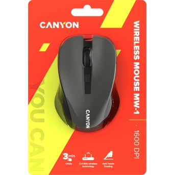 CNE-CMSW1G CANYON мышь, цвет - серый, беспроводная 2.4 Гц, DPI 800/<wbr>1000/<wbr>1200 DPI, 3 кнопки и колесо прокрутки, прорезиненное покрытие - Metoo (6)