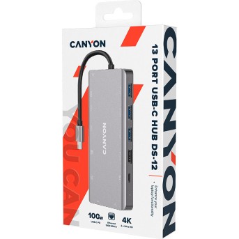 CANYON DS-12, 13 in 1 USB C hub, with 2*HDMI, 3*USB3.0: support max. 5Gbps, 1*USB2.0: support max. 480Mbps, 1*PD: support max 100W PD, 1*VGA,1* Type C data, 1*Glgabit Ethernet, 1*3.5mm audio jack, cable 15cm, Aluminum alloy housing,130*57.5*15 mm,DarK gra - Metoo (2)
