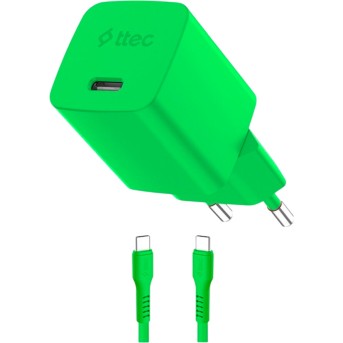 ttec SmartCharger GAN 20W PD Travel Fast Charger + USB-C - Lightning Cable 120cm, Neon Green в Metoo.kz - Metoo (1)