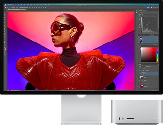 A vibrant photo being edited using a Mac Studio and Studio Display