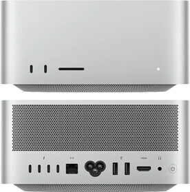 Mac Studio front 2 USB-C ports and SDXC card reader, and back view of 4 USB-C and 2 USB-A ports, Ethernet port, HDMI connection, and headphone jack