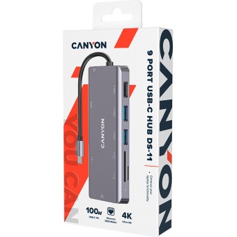 CANYON DS-11, 9 in 1 USB C hub, with 1*HDMI: 4K*30Hz,1*Gigabit Ethernet,, 1*Type-C PD charging port, Max 100W PD input. 2*USB3.0,transfer speed up to 5Gbps. 1*USB 2.0, 1*SD, 1*3.5mm audio jack, cable 18cm, Aluminum alloy housing115*46*15 mm, 88.5g, Dark g - Metoo (2)