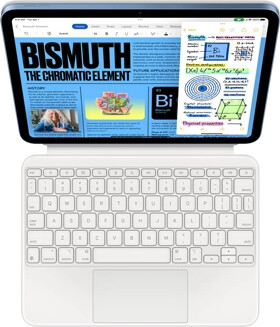 iPad attached to Magic Keyboard Folio, screen is showing Slide Over with Pages and Notes app