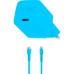 ttec SmartCharger GAN 20W PD Travel Fast Charger + USB-C - Lightning Cable 120cm, Neon Blue