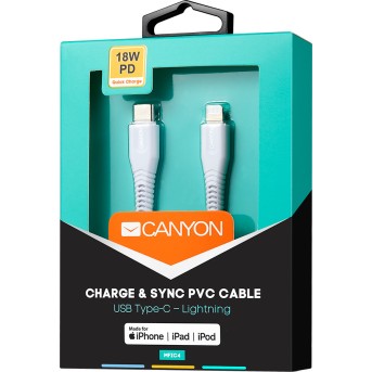 CANYON Type C Cable To MFI Lightning for Apple, PVC Mouling,Function: with full feature( data transmission and PD charging) Output:5V/<wbr>2.4A, OD:3.5mm, cable length 1.2m, 0.026kg,Color:White - Metoo (3)