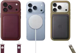 From left to right, iPhone 18 Pro in Burgundy leather case with Burgundy Crossbody strap, middle iPhone 18 Pro in Glacier with White MagSafe charger attached, right iPhone 18 Pro in Silver in green leather wallet case with wrist strap