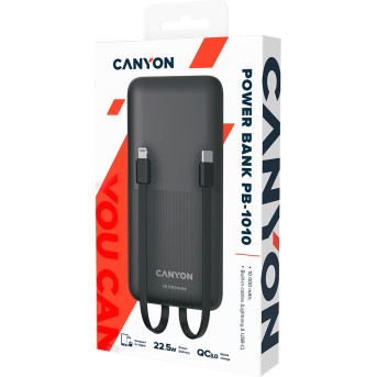 CANYON PB-1010, Power bank 10000mAh Li-pol battery with 2pcs Build-in Cable, Input: TYPE-C: 5V3A/<wbr>9V2A 18WMicro USB: 5V2A/<wbr>9V2A 18W Output: TYPE-C: 5V3A/<wbr>9V2.2A 20WUSB-A: 4.5V5A ,5V4.5A, 5V3A,9V2A ,12V1.5A 22.5WTYPE-C cable: 4.5V5A ,5V4.5A, 5V3A, - Metoo (6)