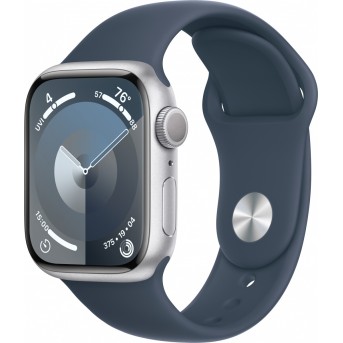 Apple Watch Series 9 GPS 41mm Silver Aluminium Case with Storm Blue Sport Band - S/<wbr>M,Model A2978 - Metoo (9)