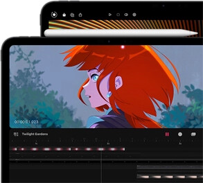 11-inch iPad Pro with Apple Pencil Pro attached and 13-inch iPad Pro behind it. Both models showing bright, vibrant, colourful imagery on the Ultra Retina XDR display