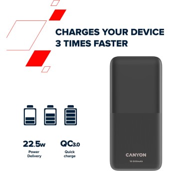 CANYON PB-1010, Power bank 10000mAh Li-pol battery with 2pcs Build-in Cable, Input: TYPE-C: 5V3A/<wbr>9V2A 18WMicro USB: 5V2A/<wbr>9V2A 18W Output: TYPE-C: 5V3A/<wbr>9V2.2A 20WUSB-A: 4.5V5A ,5V4.5A, 5V3A,9V2A ,12V1.5A 22.5WTYPE-C cable: 4.5V5A ,5V4.5A, 5V3A, - Metoo (8)