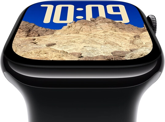 The screen of Apple Watch Series 10 tilting back to emphasise its larger screen area.