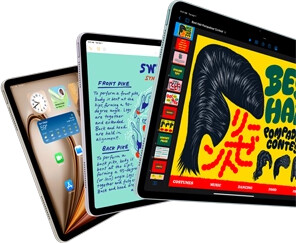 Three iPad Air displays showing iPadOS and apps features