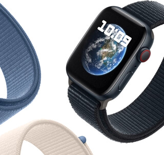 Apple Watch SE with Sport Loop strap displaying Astronomy wallpaper showing planet Earth.