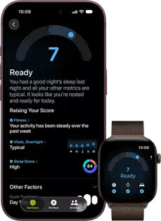 iPhone 18 Pro, black, front exterior, displaying the results of the Readiness status (score of 7), paired with Apple Watch, front facing, brown, displaying the same Readiness score of 7