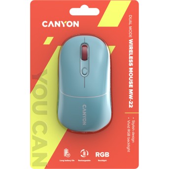 CANYON MW-22, 2 in 1 Wireless optical mouse with 4 buttons,Silent switch for right/<wbr>left keys,DPI 800/<wbr>1200/<wbr>1600, 2 mode(BT/ 2.4GHz), 650mAh Li-poly battery,RGB backlight,Dark cyan, cable length 0.8m, 110*62*34.2mm, 0.085kg - Metoo (6)
