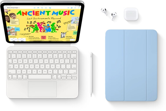 iPad attached to Magic Keyboard Folio, Apple Pencil, AirPods, and Smart Folio