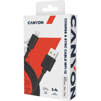 CANYON MFI-12, Lightning USB Cable for Apple (C48), round, PVC, 2M, OD:4.0mm, Power+signal wire: 21AWG*2C+28AWG*2C, Data transfer speed:26MB/<wbr>s, Black. With shield , with CANYON logo and CANYON package. Certification: ROHS, MFI. - Metoo (2)
