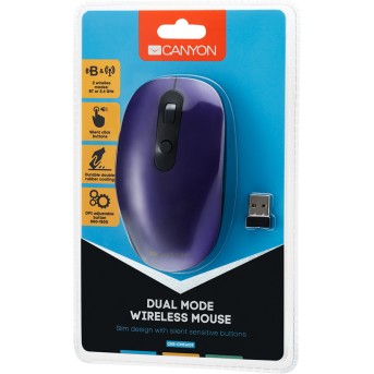 Canyon 2 in 1 Wireless optical mouse with 6 buttons, DPI 800/<wbr>1000/<wbr>1200/<wbr>1500, 2 mode(BT/ 2.4GHz), Battery AA*1pcs, Violet, silent switch for right/<wbr>left keys, 65.4*112.25*32.3mm, 0.092kg - Metoo (5)