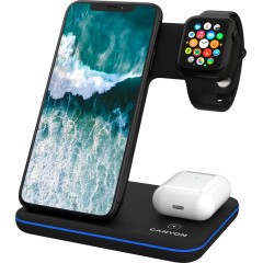 CANYON WS-303 3in1 Wireless charger, with touch button for Running water light, Input 9V/<wbr>2A, 12V/<wbr>2A, Output 15W/<wbr>10W/<wbr>7.5W/<wbr>5W, Type c to USB-A cable length 1.2m, 137*103*140mm, 0.195Kg, Black