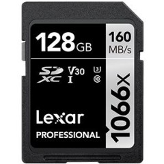 128GB Lexar Professional 1066x SDXC UHS-II cards, up to 160MB/<wbr>s read 120MB/<wbr>s write C10 V30 U3
