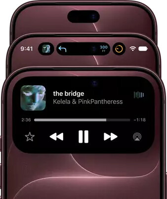 3 iPhone 18 Pros in Burgundy fanned out to show Dynamic Island in different modes: off, minimized, maximized