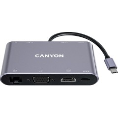 CANYON DS-14, 8 in 1 USB C hub, with 1*HDMI: 4K*30Hz, 1*VGA, 1*Type-C PD charging port, Max 100W PD input. 3*USB3.0,transfer speed up to 5Gbps. 1*Glgabit Ethernet, 1*3.5mm audio jack, cable 15cm, Aluminum alloy housing,95*55*17.6 mm, 107g, Dark grey